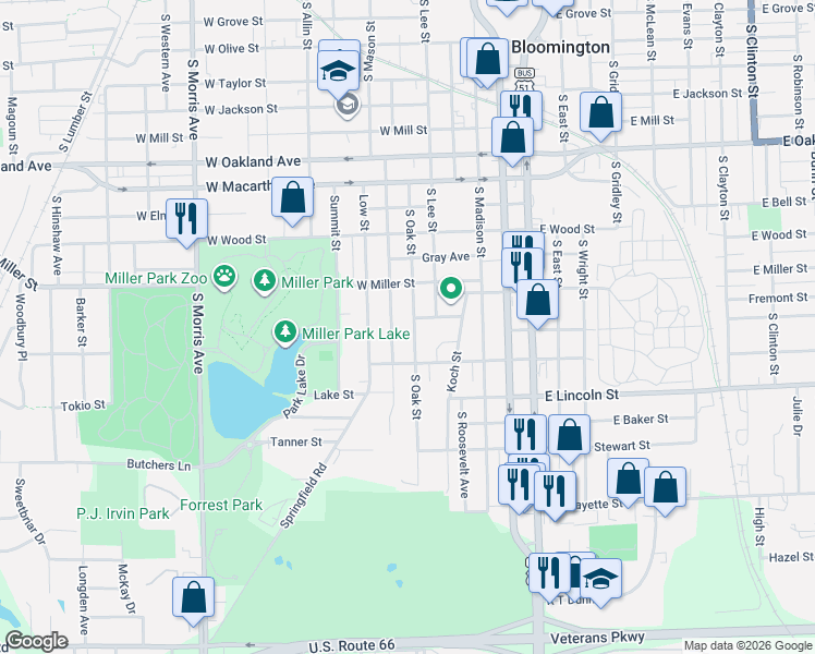 map of restaurants, bars, coffee shops, grocery stores, and more near 1203 S Oak St in Bloomington