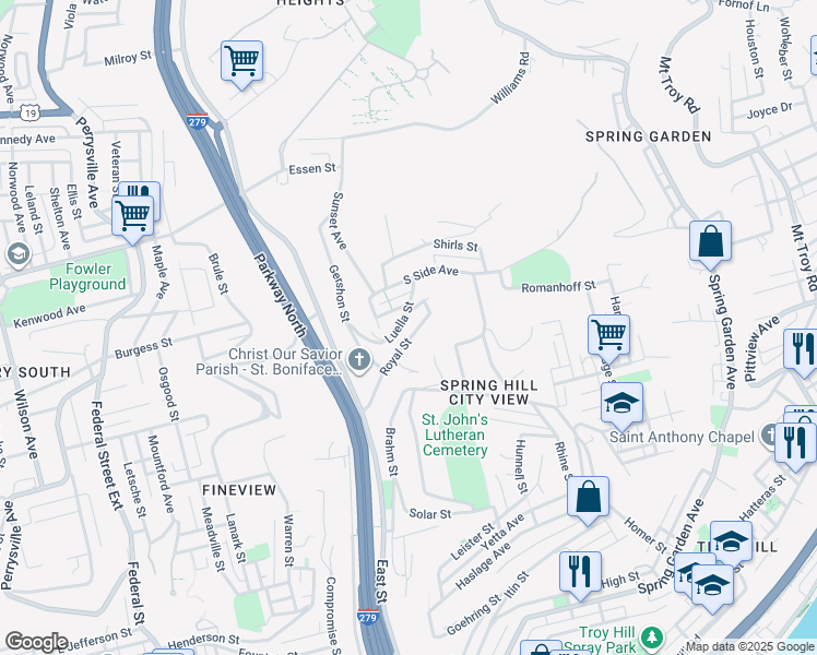 map of restaurants, bars, coffee shops, grocery stores, and more near 921 Luella Street in Pittsburgh