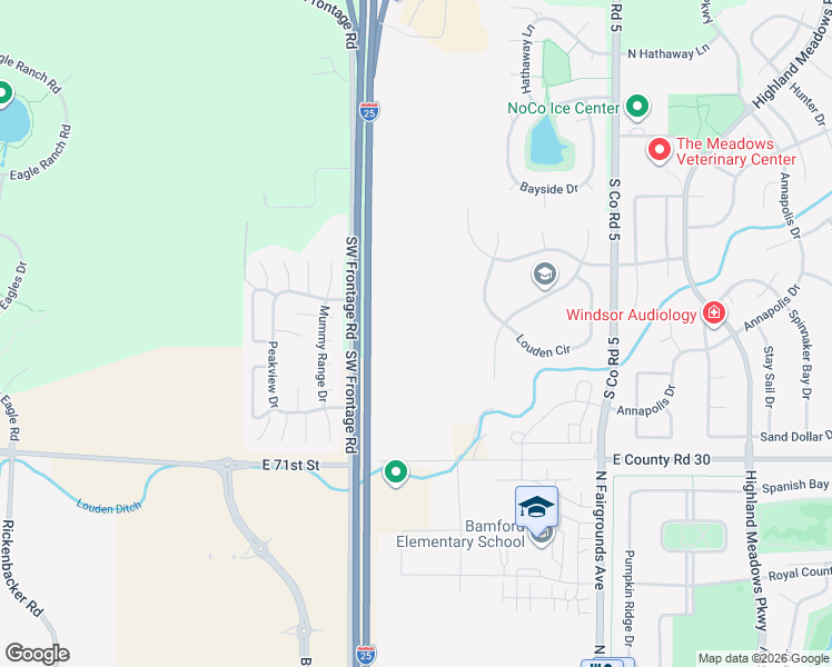 map of restaurants, bars, coffee shops, grocery stores, and more near 8420 SE Frontage Rd in Windsor