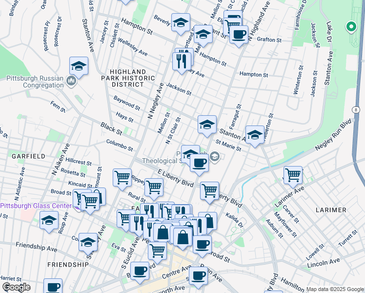map of restaurants, bars, coffee shops, grocery stores, and more near 615 North Euclid Avenue in Pittsburgh