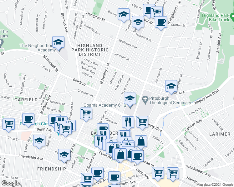 map of restaurants, bars, coffee shops, grocery stores, and more near 615 North Euclid Avenue in Pittsburgh