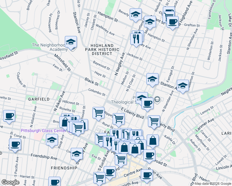 map of restaurants, bars, coffee shops, grocery stores, and more near 526 North Negley Avenue in Pittsburgh