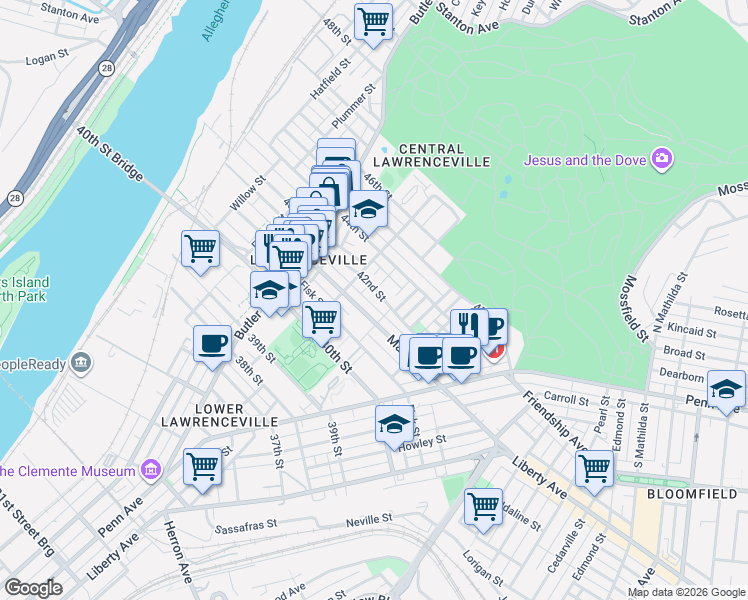 map of restaurants, bars, coffee shops, grocery stores, and more near 343 42nd Street in Pittsburgh