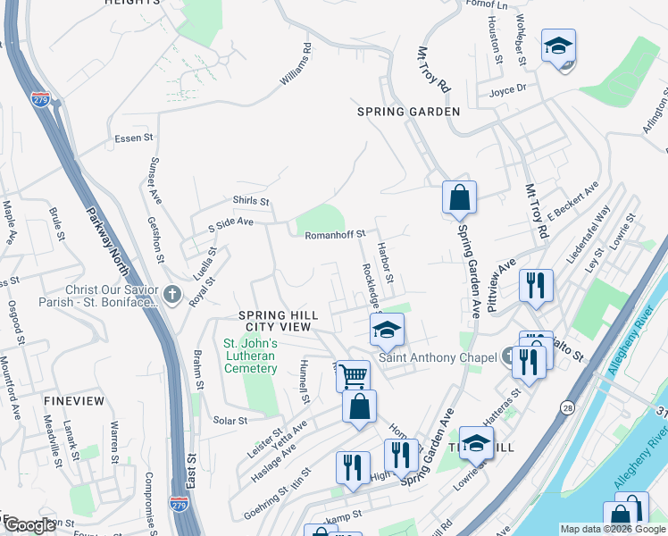 map of restaurants, bars, coffee shops, grocery stores, and more near 8 Beckfield Street in Pittsburgh