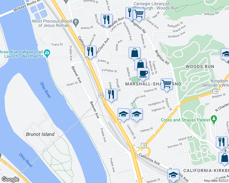 map of restaurants, bars, coffee shops, grocery stores, and more near 1518 Woodland Avenue in Pittsburgh