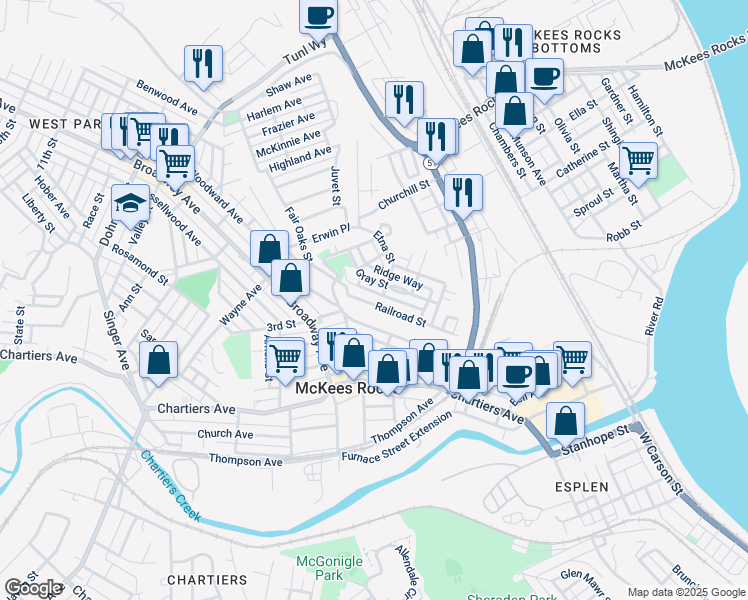 map of restaurants, bars, coffee shops, grocery stores, and more near 838 Railroad Street in McKees Rocks
