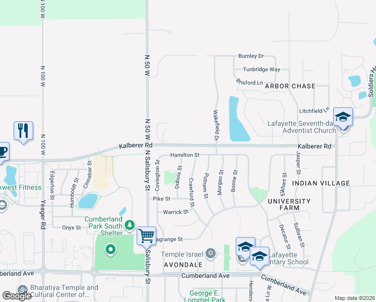 map of restaurants, bars, coffee shops, grocery stores, and more near 3540 Hamilton St in West Lafayette