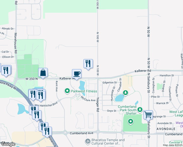 map of restaurants, bars, coffee shops, grocery stores, and more near 1050 West 350 North in West Lafayette