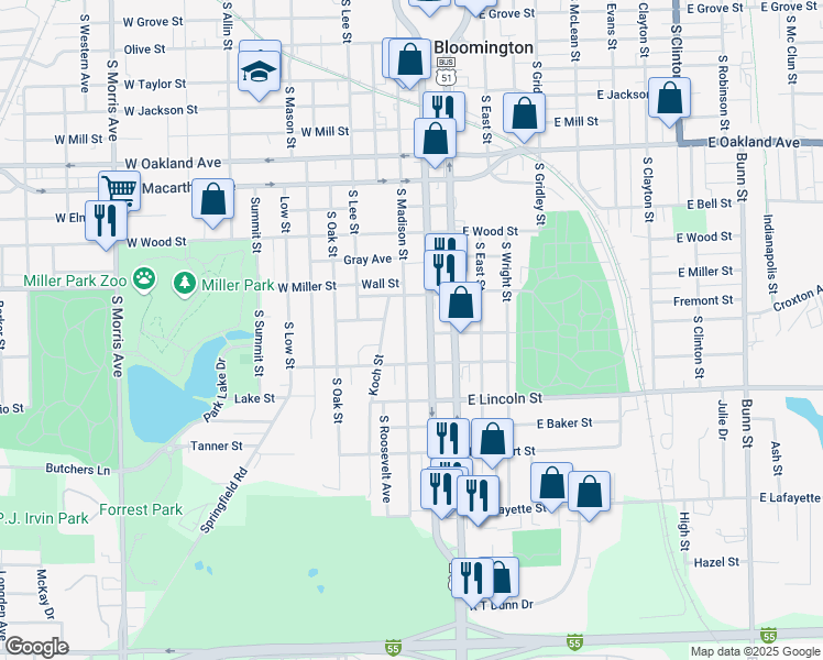 map of restaurants, bars, coffee shops, grocery stores, and more near 1108 South Madison Street in Bloomington
