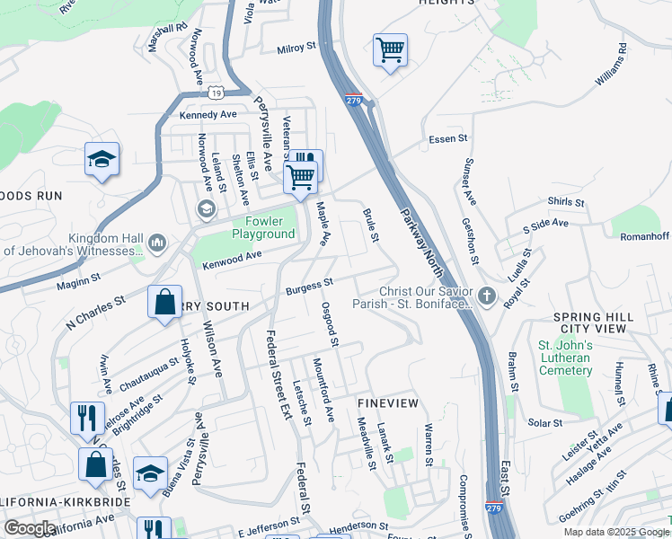 map of restaurants, bars, coffee shops, grocery stores, and more near 2420 Osgood Street in Pittsburgh
