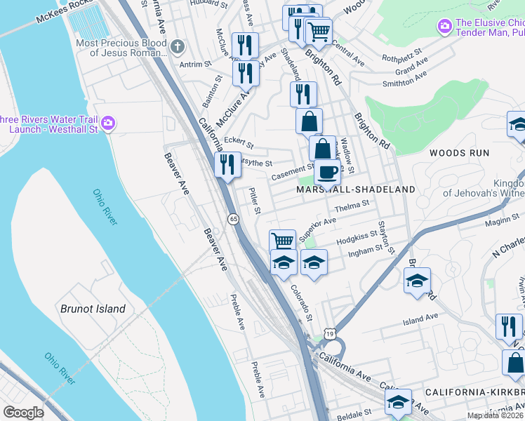 map of restaurants, bars, coffee shops, grocery stores, and more near 1518 Woodland Avenue in Pittsburgh