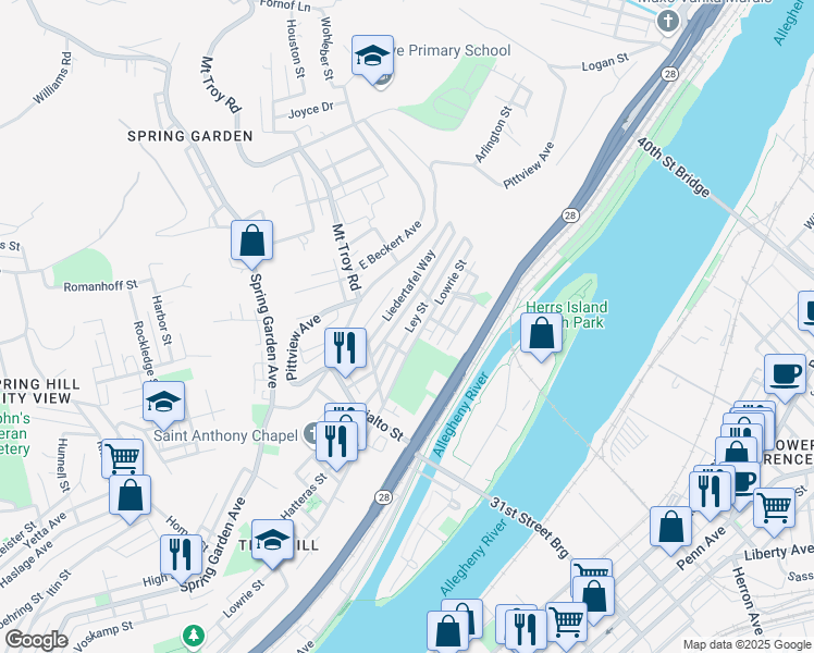 map of restaurants, bars, coffee shops, grocery stores, and more near 2022 Ley Street in Pittsburgh