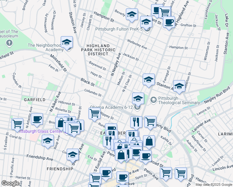 map of restaurants, bars, coffee shops, grocery stores, and more near 604 Mellon Street in Pittsburgh