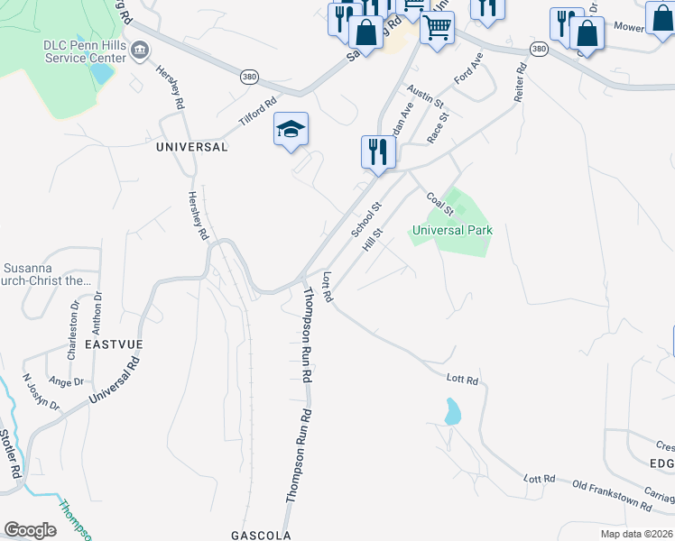 map of restaurants, bars, coffee shops, grocery stores, and more near 2330 School St in Pittsburgh
