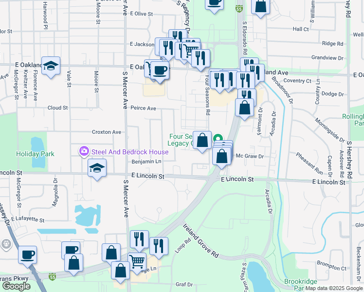 map of restaurants, bars, coffee shops, grocery stores, and more near 5 Willedrob Road in Bloomington