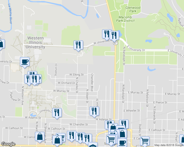 map of restaurants, bars, coffee shops, grocery stores, and more near 168 Chandler Boulevard in Macomb