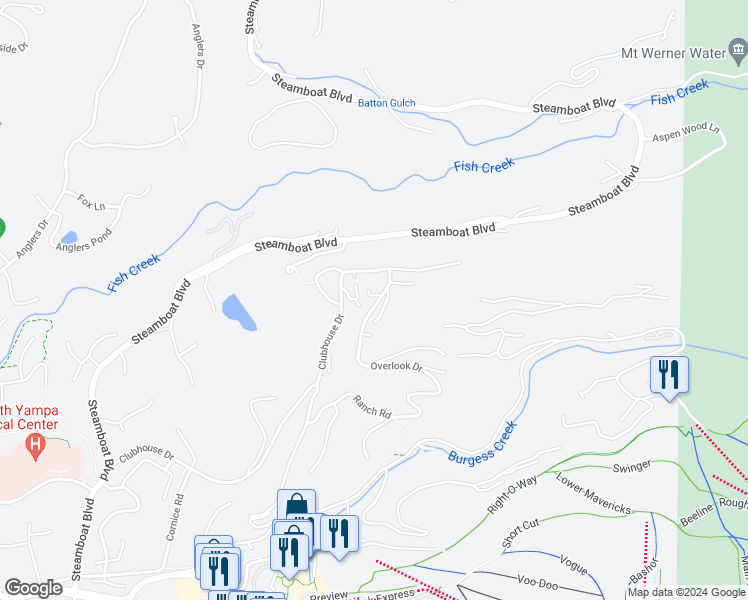 map of restaurants, bars, coffee shops, grocery stores, and more near 1145 Overlook Drive in Steamboat Springs