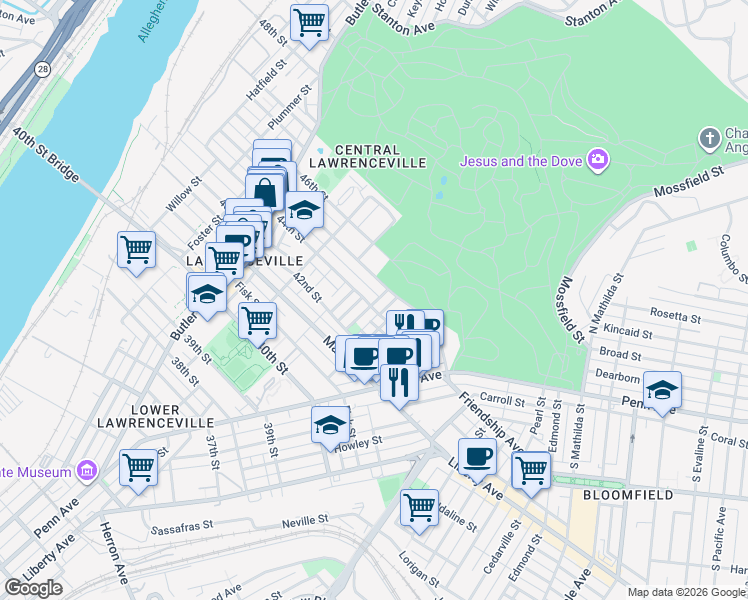 map of restaurants, bars, coffee shops, grocery stores, and more near 385 44th Street in Pittsburgh