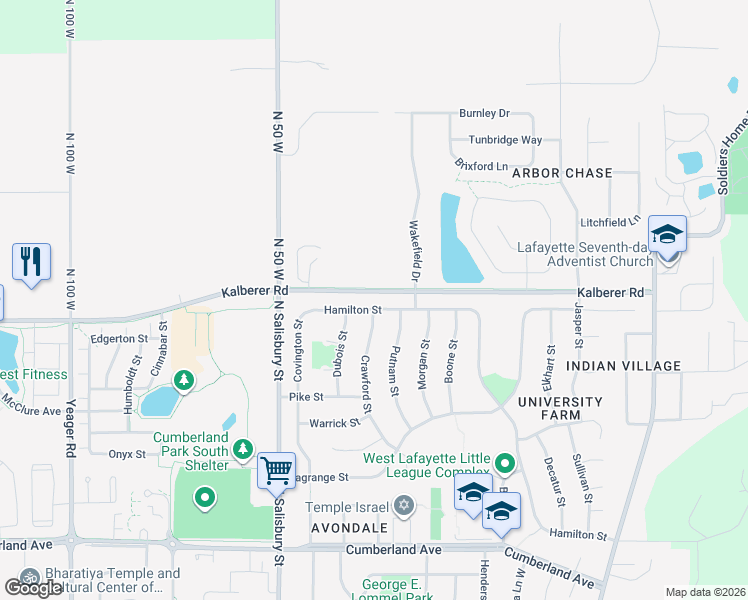 map of restaurants, bars, coffee shops, grocery stores, and more near 3540 Hamilton Street in West Lafayette