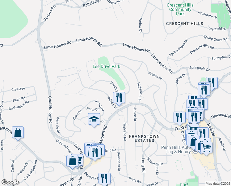 map of restaurants, bars, coffee shops, grocery stores, and more near 322 Dorothy Drive in Pittsburgh