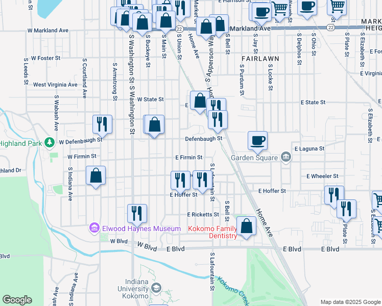 map of restaurants, bars, coffee shops, grocery stores, and more near 1531 South Market Street in Kokomo