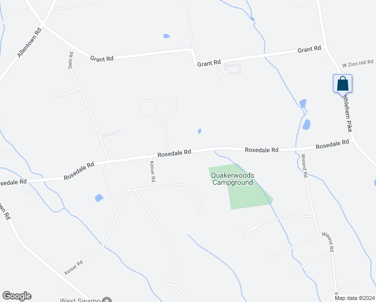 map of restaurants, bars, coffee shops, grocery stores, and more near 2150 Rosedale Road in Quakertown