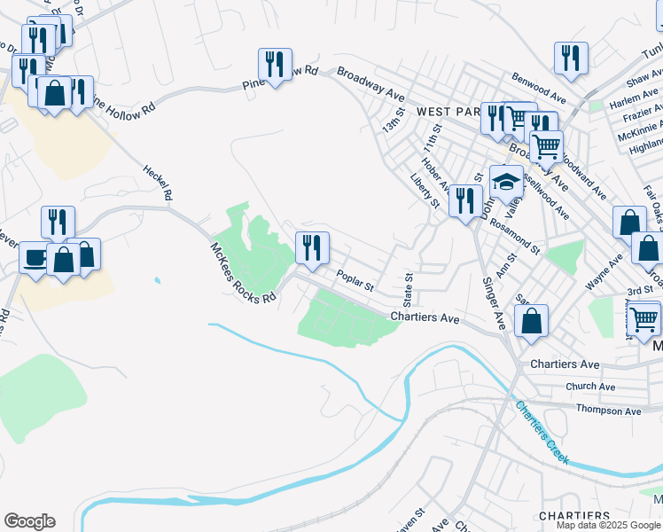 map of restaurants, bars, coffee shops, grocery stores, and more near 43 Poplar Street in McKees Rocks