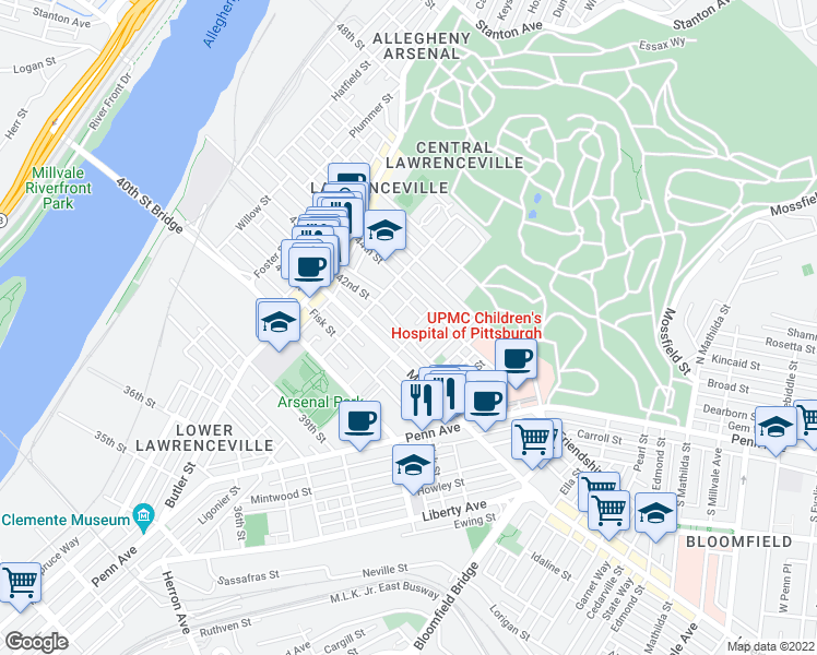map of restaurants, bars, coffee shops, grocery stores, and more near 343 42nd Street in Pittsburgh