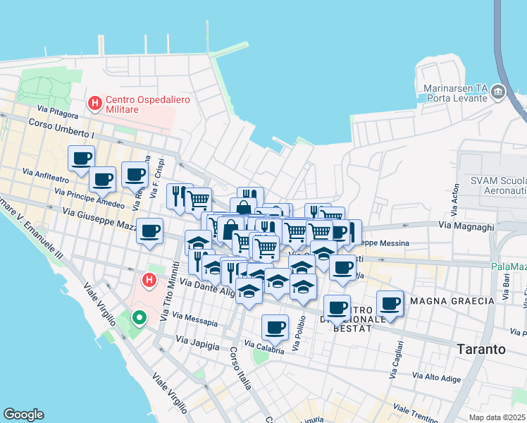 map of restaurants, bars, coffee shops, grocery stores, and more near 25 Piazza Ammiraglio Pasquale Leonardi Cattolica in Taranto