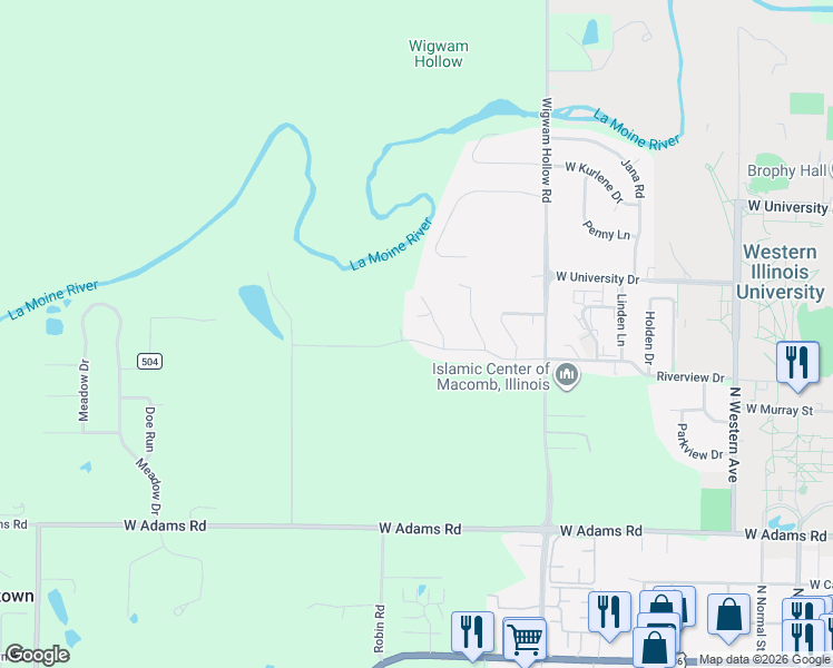 map of restaurants, bars, coffee shops, grocery stores, and more near 1816 Riverview Drive in Macomb