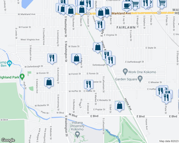 map of restaurants, bars, coffee shops, grocery stores, and more near 1526 South Union Street in Kokomo