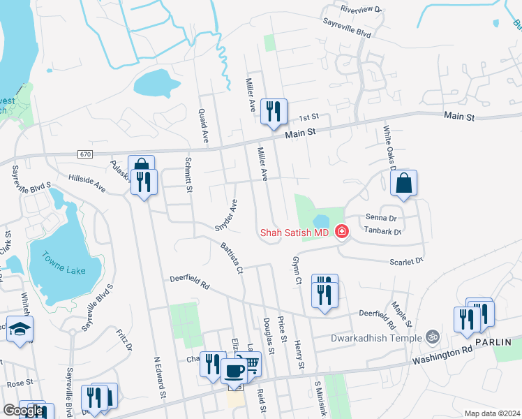 map of restaurants, bars, coffee shops, grocery stores, and more near 140 Standiford Avenue in Sayreville