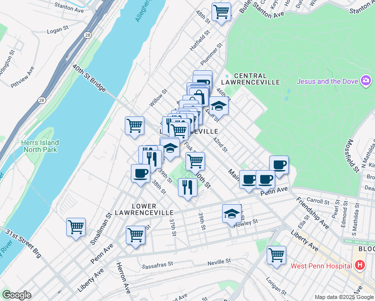map of restaurants, bars, coffee shops, grocery stores, and more near 222 Fisk Street in Pittsburgh