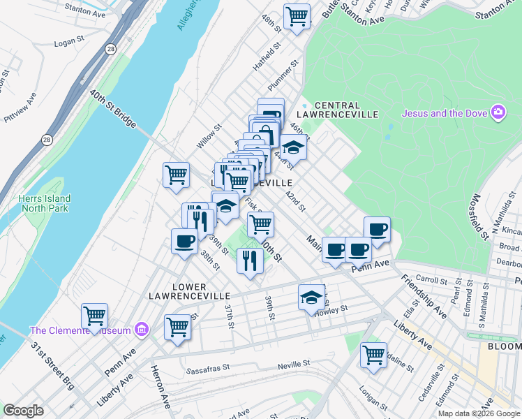 map of restaurants, bars, coffee shops, grocery stores, and more near 233 Fisk Street in Pittsburgh