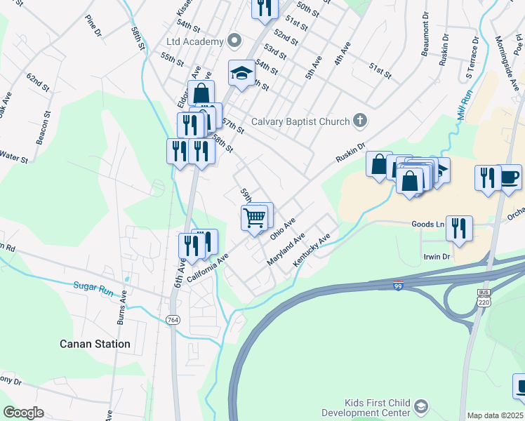 map of restaurants, bars, coffee shops, grocery stores, and more near 310-12 59th Street in Altoona