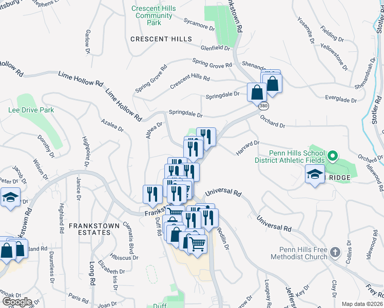 map of restaurants, bars, coffee shops, grocery stores, and more near 1720 Lime Hollow Road in Penn Hills