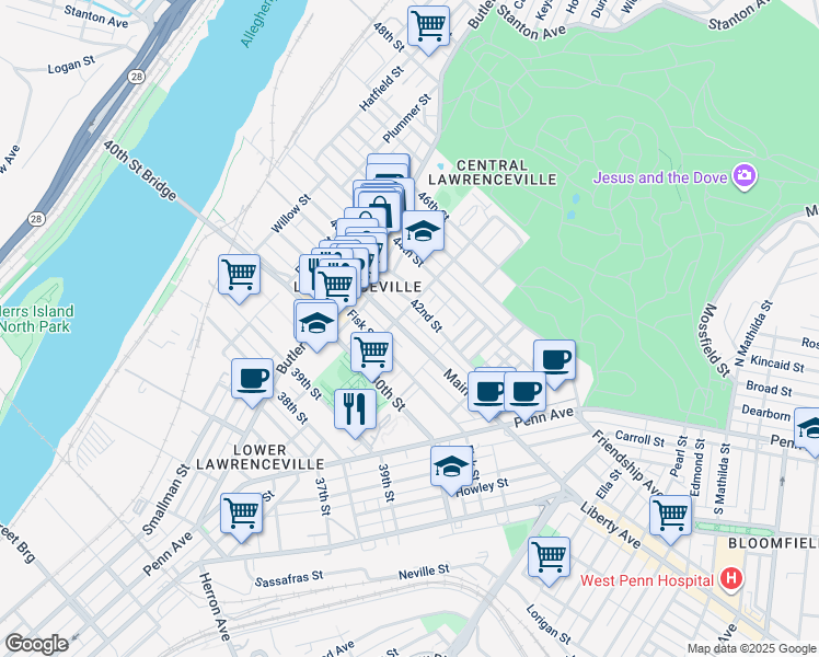 map of restaurants, bars, coffee shops, grocery stores, and more near 261 Main Street in Pittsburgh