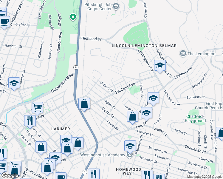map of restaurants, bars, coffee shops, grocery stores, and more near 6511 Clifford Street in Pittsburgh