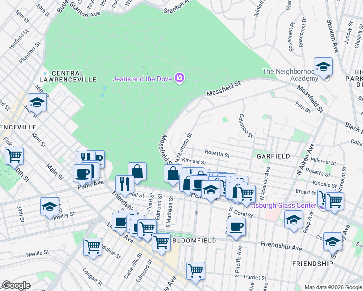 map of restaurants, bars, coffee shops, grocery stores, and more near 505 North Mathilda Street in Pittsburgh