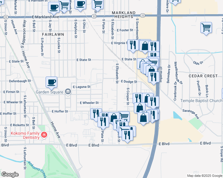 map of restaurants, bars, coffee shops, grocery stores, and more near 1613 South Elizabeth Street in Kokomo