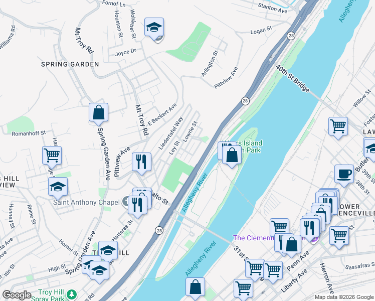 map of restaurants, bars, coffee shops, grocery stores, and more near 2100 Lautner Street in Pittsburgh