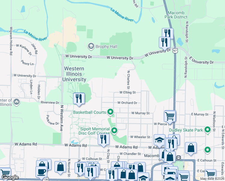 map of restaurants, bars, coffee shops, grocery stores, and more near 600 West Elting Street in Macomb