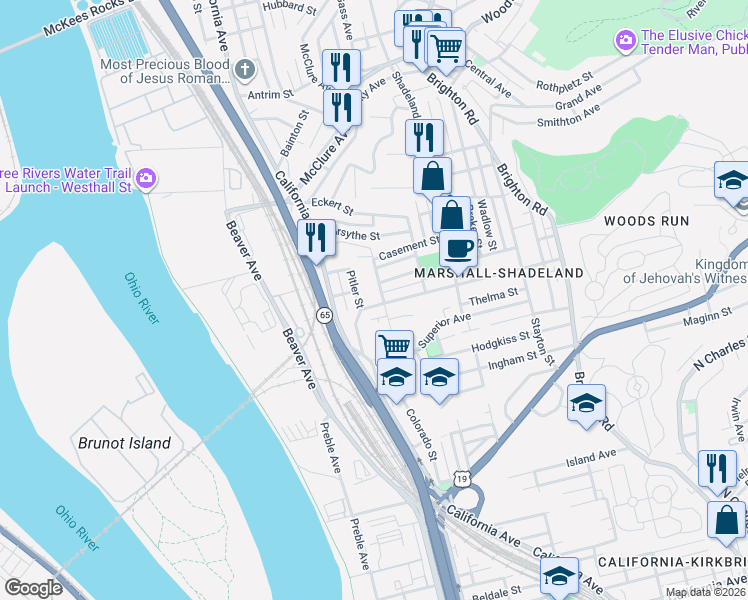 map of restaurants, bars, coffee shops, grocery stores, and more near 1518 Woodland Avenue in Pittsburgh