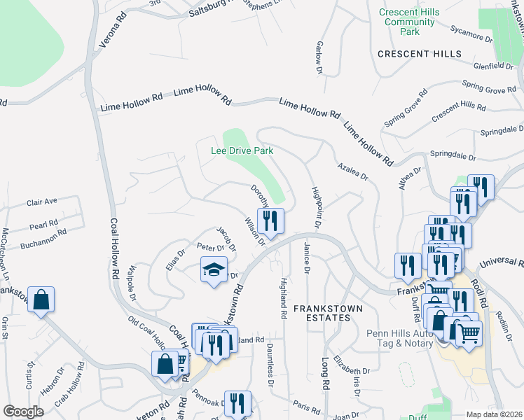 map of restaurants, bars, coffee shops, grocery stores, and more near 322 Dorothy Drive in Pittsburgh