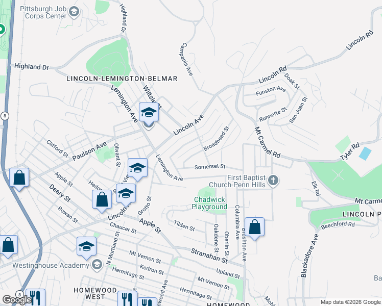 map of restaurants, bars, coffee shops, grocery stores, and more near 1539 Broadhead Street in Pittsburgh