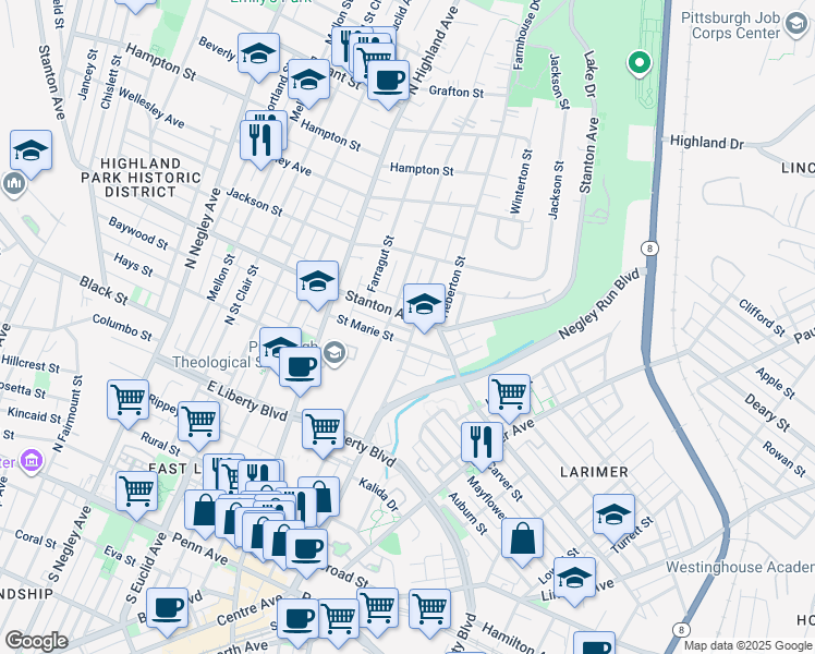 map of restaurants, bars, coffee shops, grocery stores, and more near 6109 Saint Marie Street in Pittsburgh