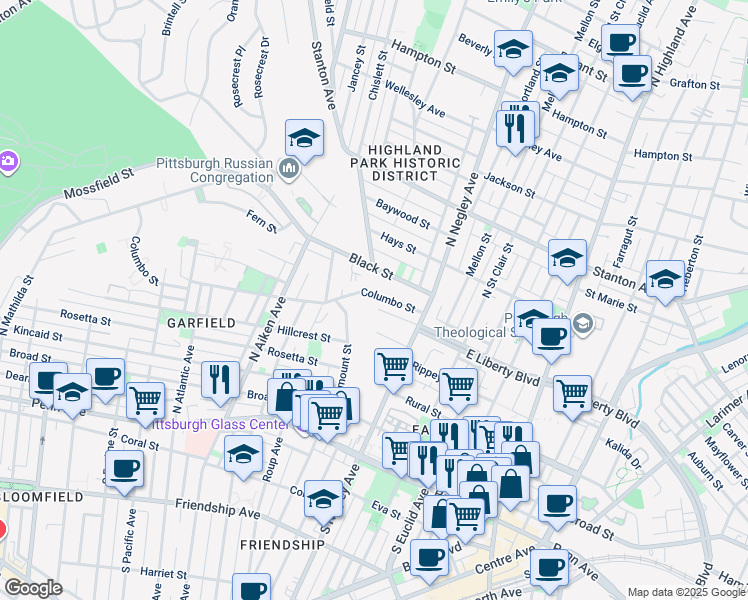 map of restaurants, bars, coffee shops, grocery stores, and more near 5540 Columbo Street in Pittsburgh