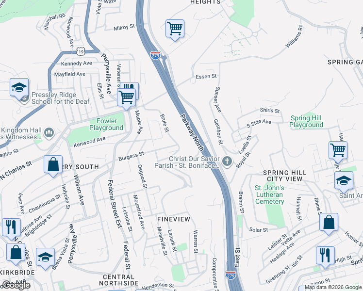 map of restaurants, bars, coffee shops, grocery stores, and more near 2330 Wurzell Avenue in Pittsburgh