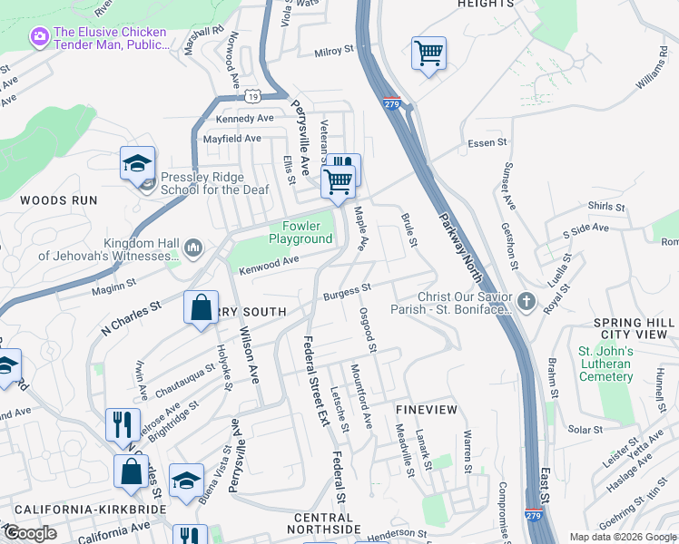map of restaurants, bars, coffee shops, grocery stores, and more near 2419 Maple Avenue in Pittsburgh