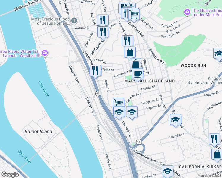 map of restaurants, bars, coffee shops, grocery stores, and more near 1518 Woodland Avenue in Pittsburgh